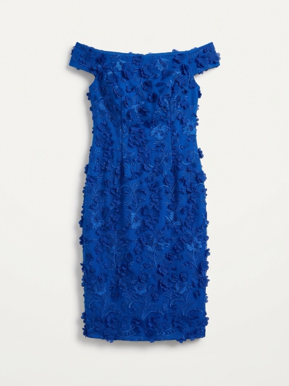 Off-Shoulder Royal Blue Floral Appliqué Sheath Dress